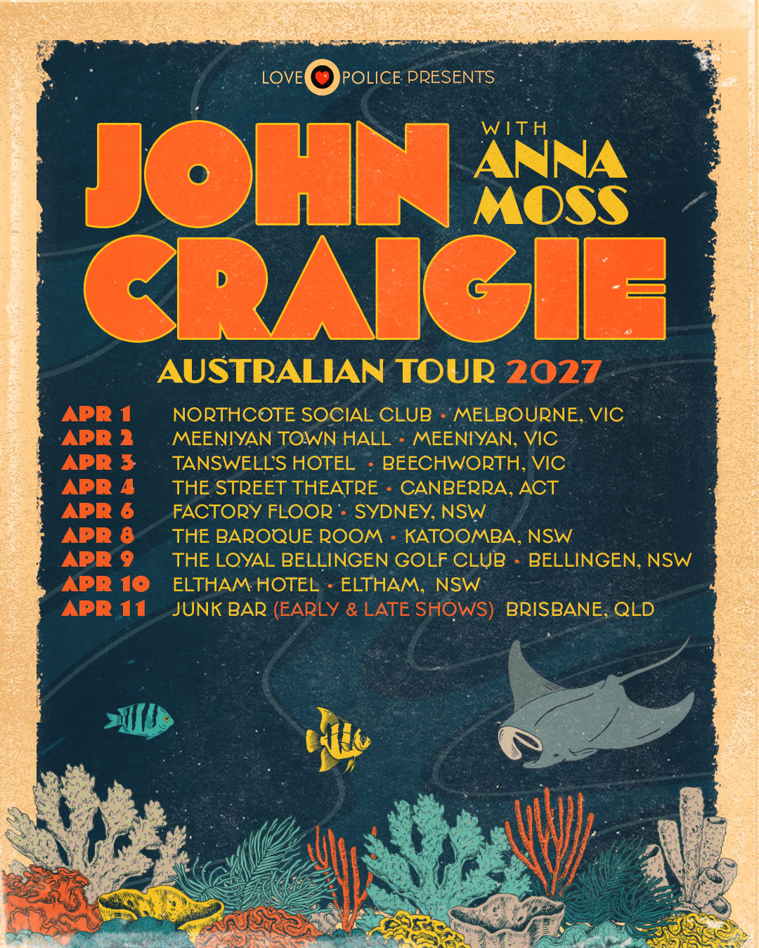 Tour poster for John Craigie Australian Tour 2027 with Anna Moss, featuring an ocean-themed graphic with fish and coral.